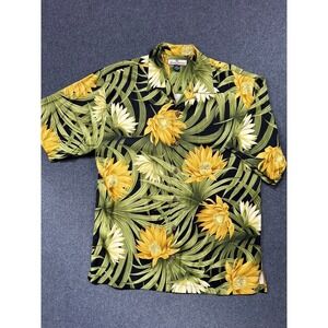 #A042 Tommy Bahama Mens Medium 100% Silk Camp Shirt Black Yellow Tropical Floral